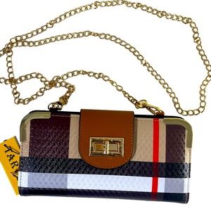 Plaid Purse Wallet With Gold Turn-lock and Gold Chain Strap  NWT